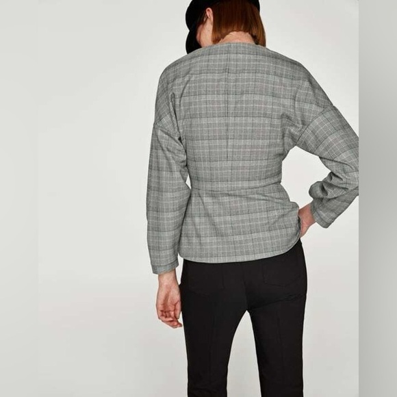 ZARA | Black and White Checkered Wrap Blouse Top Blazer with Puff Sleeves - Picture 16 of 16
